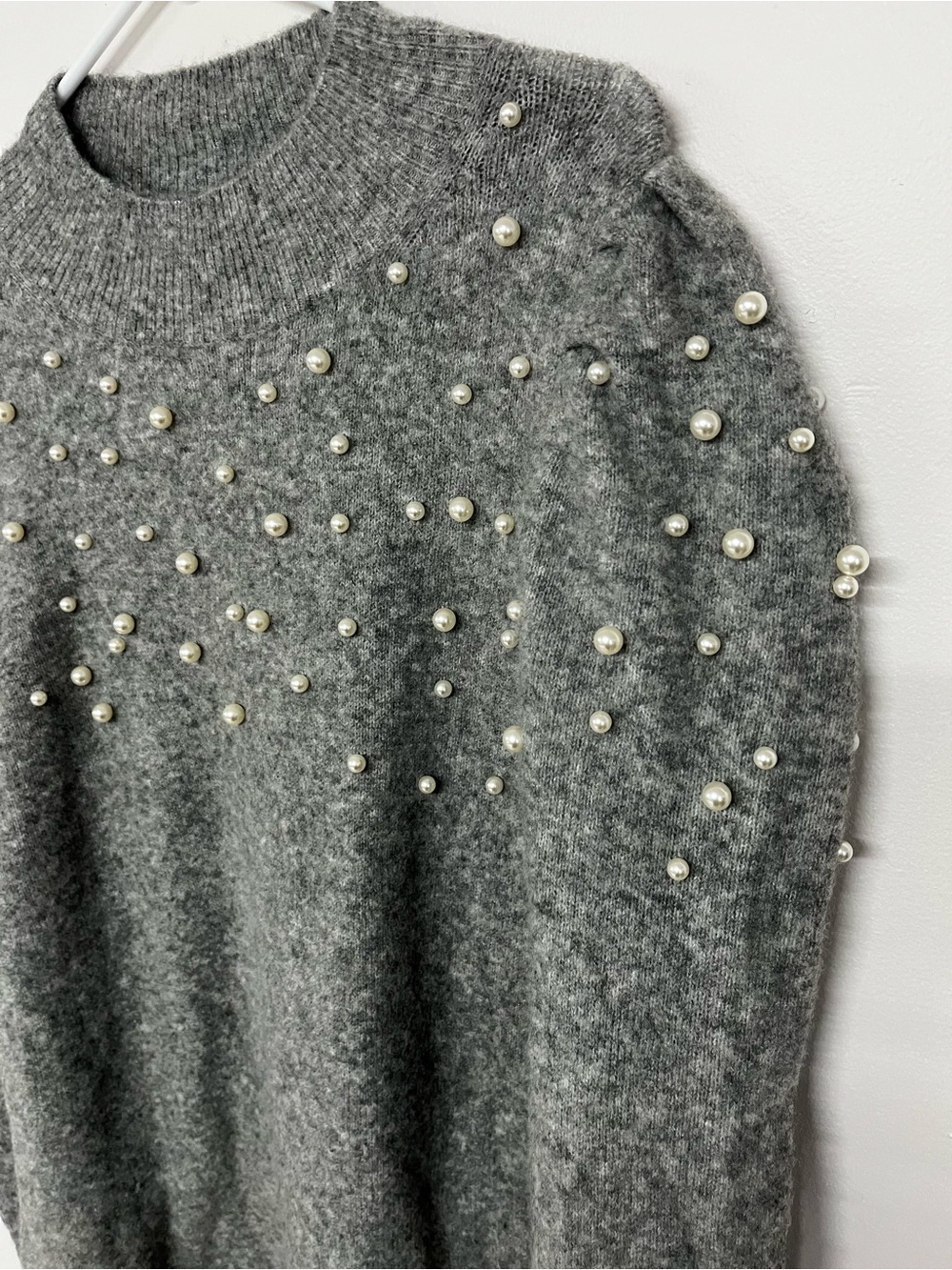 Ann Taylor Tall Grey Pearl-Embellished Knit Dress - Picture 3 of 5